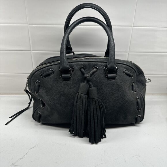 REBECCA MINKOFF Grove Suede Leather Handbag Dark Grey Tassel Top Handle Purse - Picture 1 of 16
